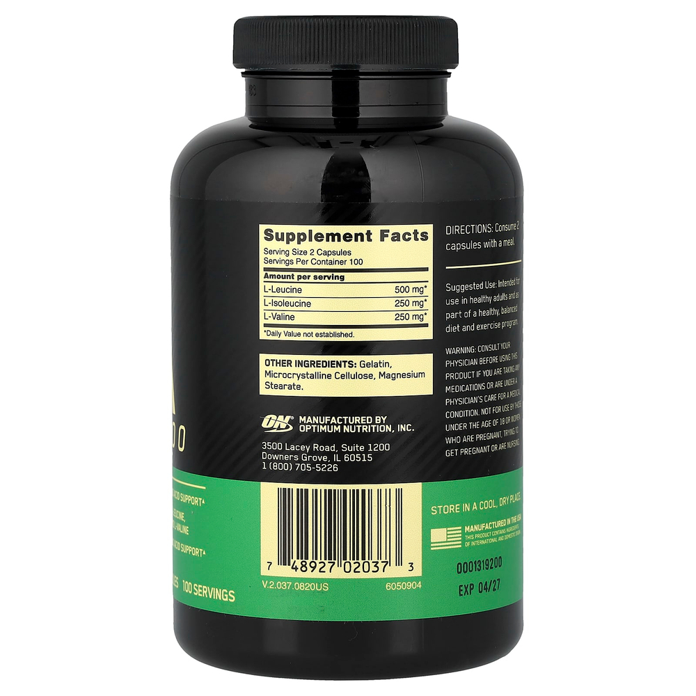 Optimum Nutrition, BCAA 1000, аминокислоты с разветвлённой цепью, 200 капсул (500 мг в 1 капсуле)
