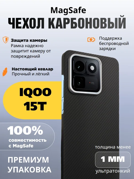 Карбоновый чехол для IQOO 15T с MagSafe черная сетка (Black)