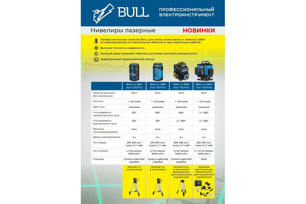 Лазерный нивелир BULL LL 3303 со штативом 0323142