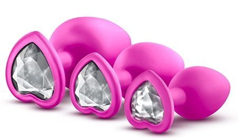 Набор розовых анальных пробок с прозрачным кристаллом-сердечком Bling Plugs Training Kit (Цвет: розовый)