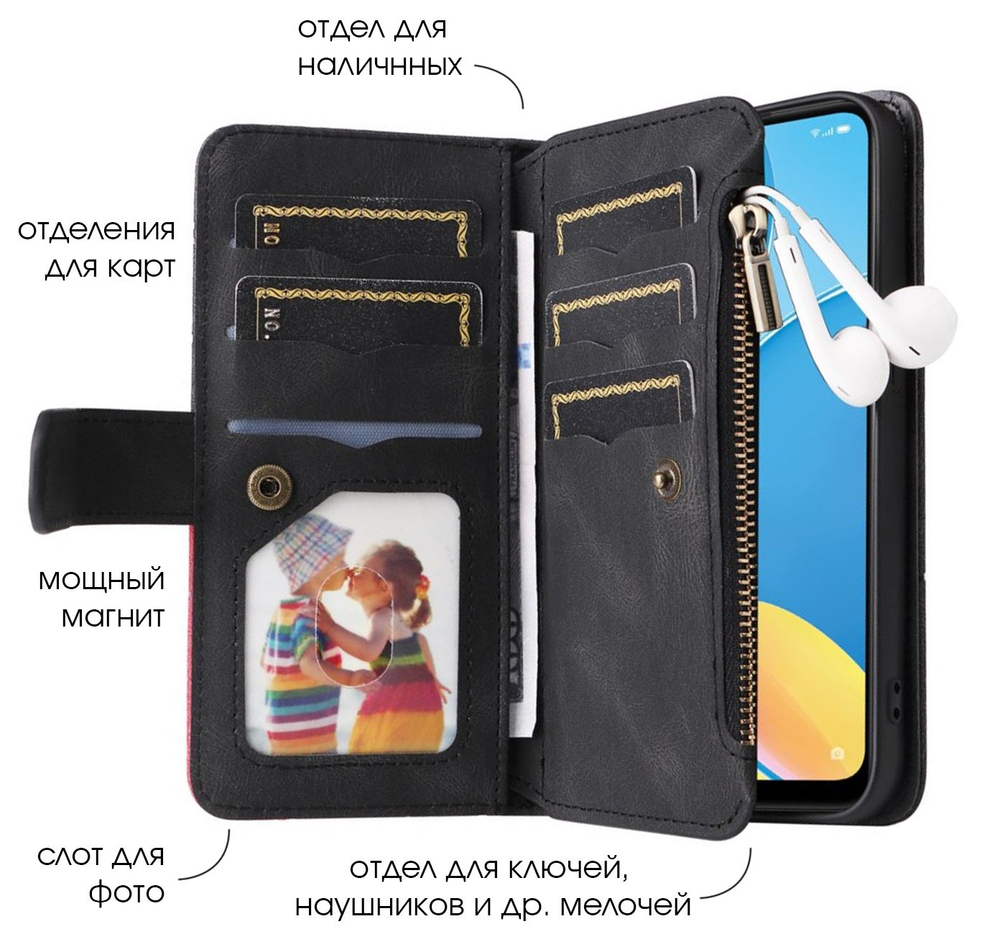 Дизайнерский чехол-книжка из кожи для SAMSUNG GALAXY S24 ULTRA с кошельком, 5 слотами для карт и подставкой