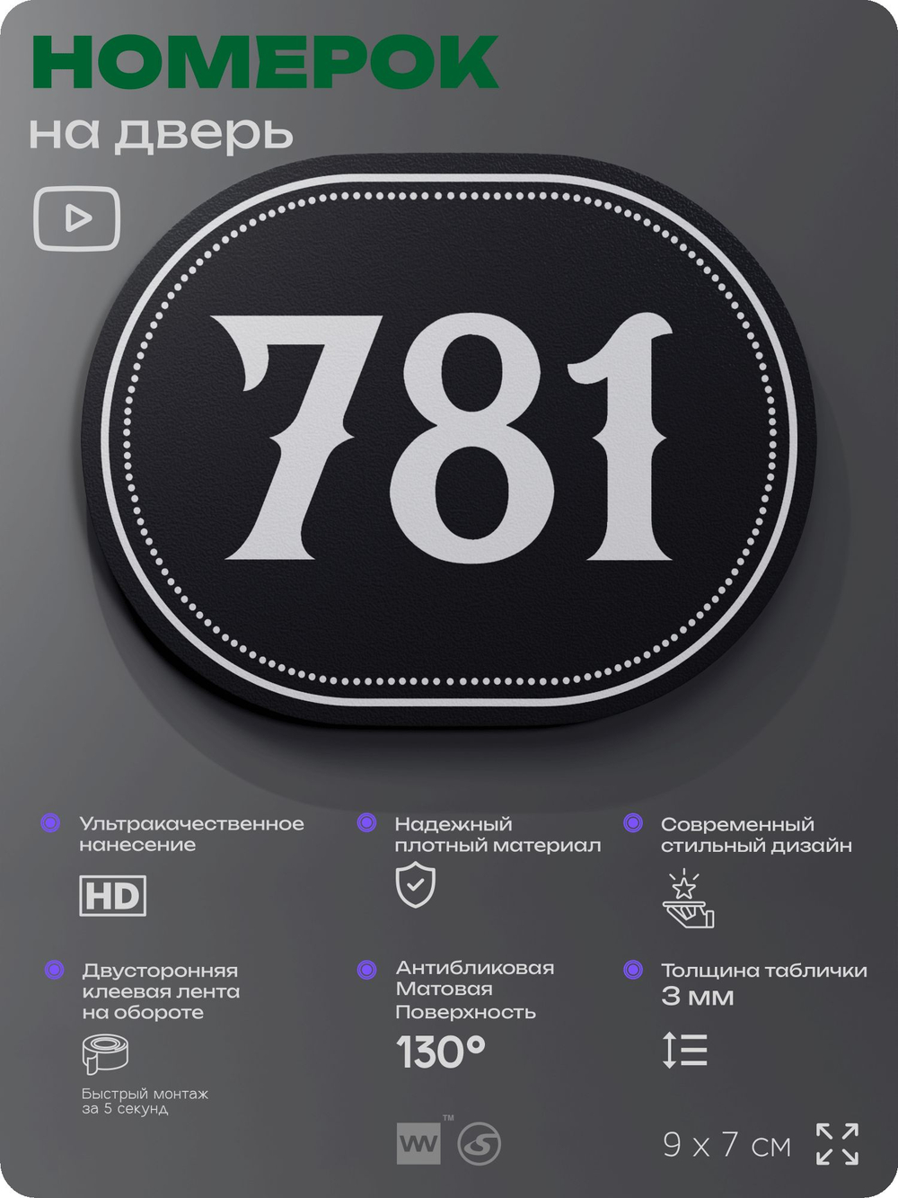 Номерок на дверь квартиры 781, для кабинета, офиса, шильдик 9 х 7 см, черный, Айдентика Технолоджи