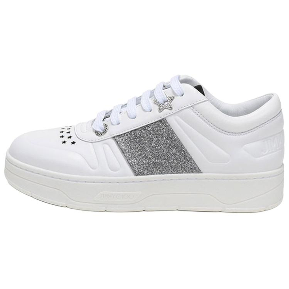 Jimmy Choo Hawaii Top Grain Cow Leather Low top Stylish Skateboarding Shoes Women"s White Silver