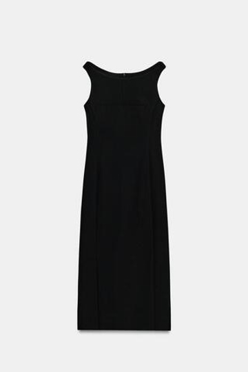 ZARA ПЛАТЬЕ МИДИ С ВЫРЕЗОМ ЛОДОЧКА, ЧЕРНЫЙ
