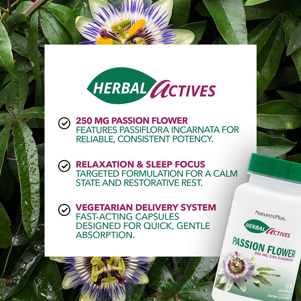 NaturesPlus, Растительная активность, пассифлора, 250 мг, 60 вегетарианских капсул