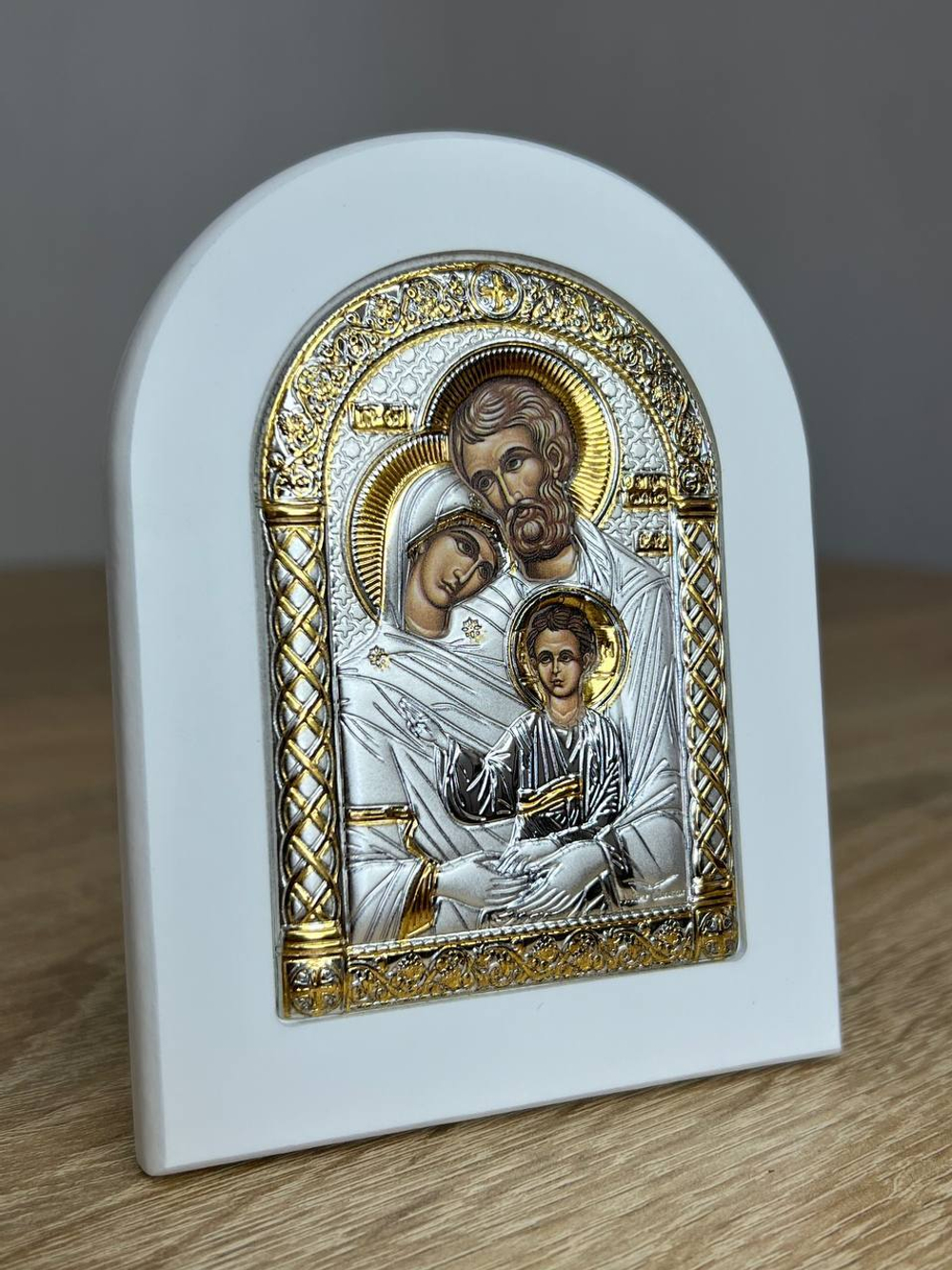 Св. Семейство, икона арочная, белое дерево 60x75
