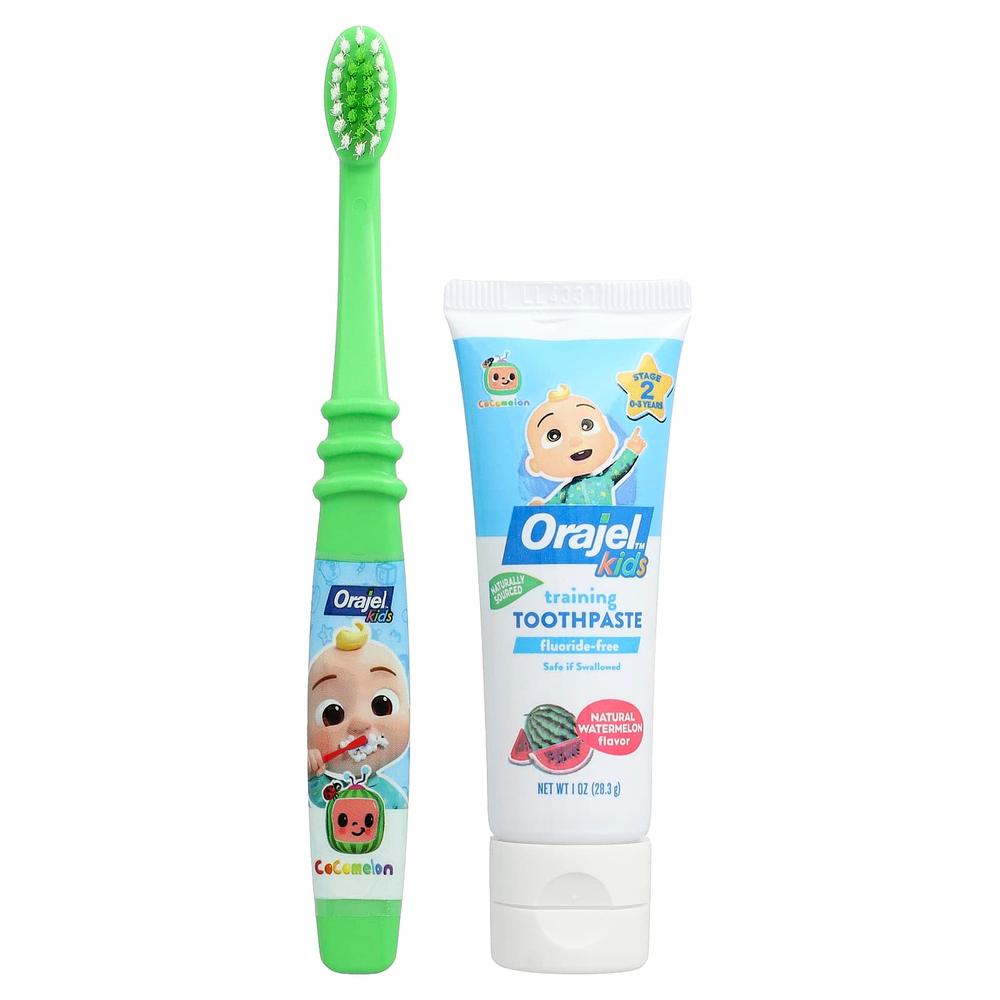 Orajel, Kids, Cocomelon Training, зубная паста с зубной щеткой, без фтора, для детей от 0 до 3 лет, арбуз, набор из 2 предметов, 28,3 г (1 унция)