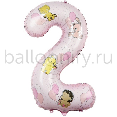 Шар ЦИФРА 2 Зверюшки девочке 40" 102 см