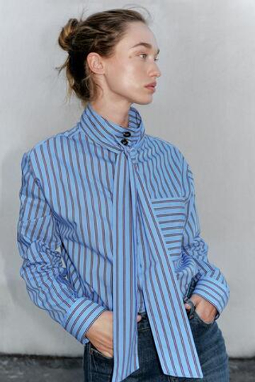 ZARA РУБАШКА В ПОЛОСКУ С БАНТОМ, КОРИЧНЕВО-СИНИЙ