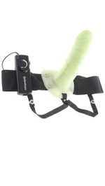 Светящийся в темноте фаллопротез с вибрацией Vibrating Hollow Strap On (Цвет: желтый (светится салатовым))