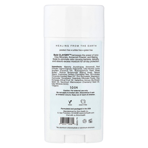 Zion Health, Bold, дезодорант ClayDry, без отдушки, 80 г (2,8 унции)