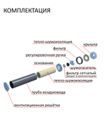 Воздушный шумозащитный клапан NovaOPTIMA КИВ-125 с фильтром, вентканалом 0,5 м. и фасадной алюминиевой решеткой RAL9005, чёрный