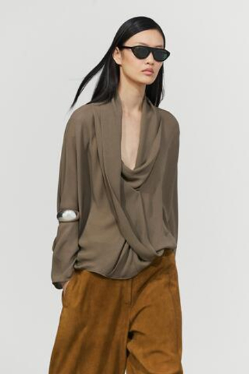 Massimo Dutti Струящаяся рубашка на запахе с драпировкой, темный хаки