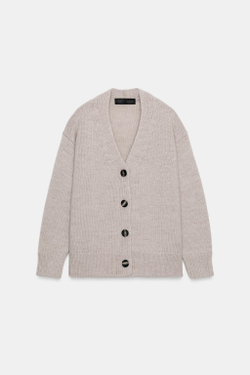 ZARA КАРДИГАН ИЗ 100% ШЕРСТИ С V-ОБРАЗНЫМ ВЫРЕЗОМ, ПЕСОЧНЫЙ МЕЛАНЖ