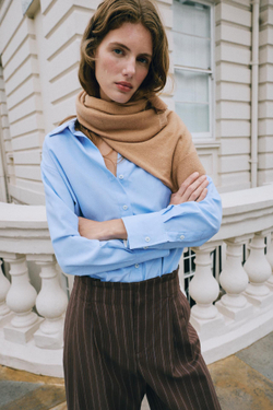 ZARA БРЮКИ-БАЛЛОНЫ В ПОЛОСКУ СО СБОРКОЙ НА ТАЛИИ, КОРИЧНЕВЫЙ/СИНИЙ