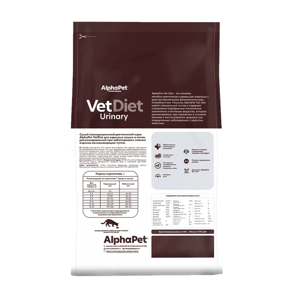 Сухой диетический корм AlphaPet VetDiet URINARY для взрослых кошек и котов при заболеваниях нижних отделов мочевыводящих путей