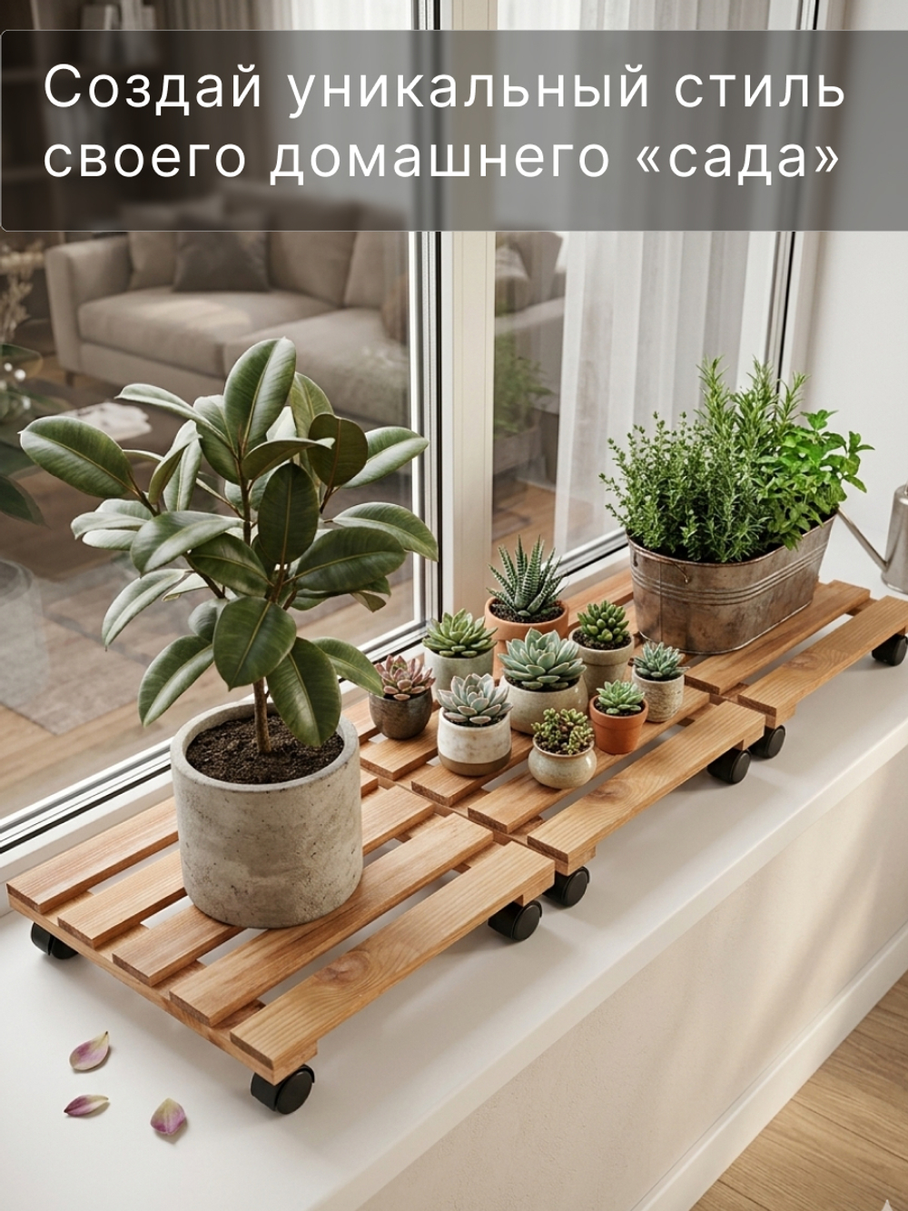 Подставка для цветов напольная на колесиках Флорэль деревянная в стиле рустик (состаренный), квадратная, браун