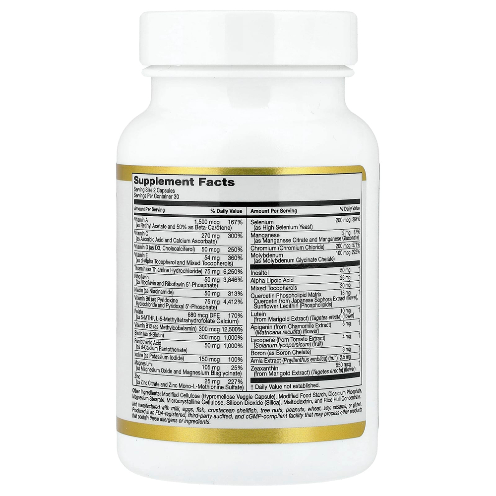 California Gold Nutrition, мультивитамины и минералы с метилом B12, витамином C, L-метилфолатом и кверцетином, для приёма два раза в день, 60 растительных капсул