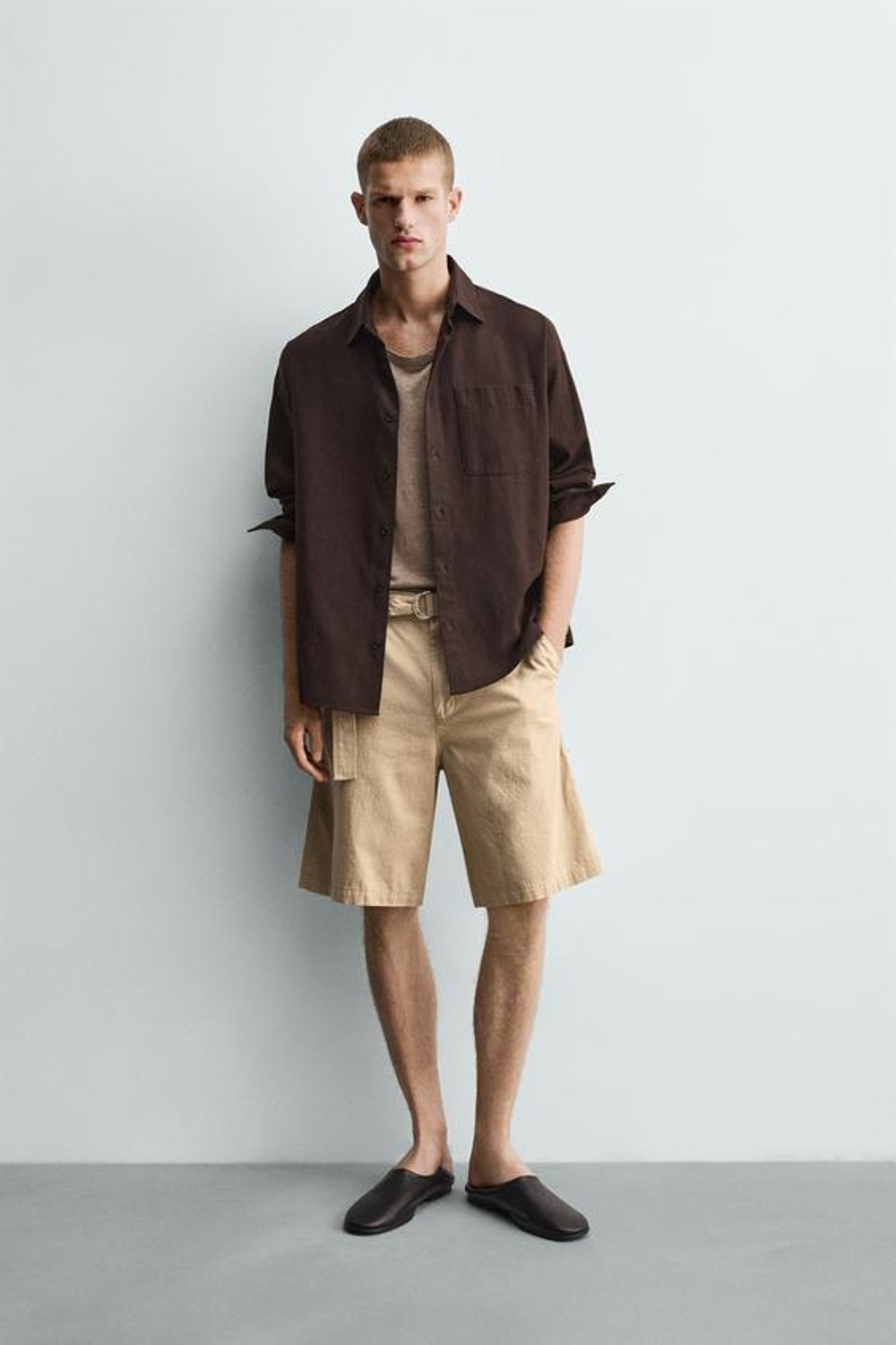 ZARA ШОРТЫ RELAXED FIT С РЕМНЕМ, ТЕМНО-БЕЖЕВЫЙ