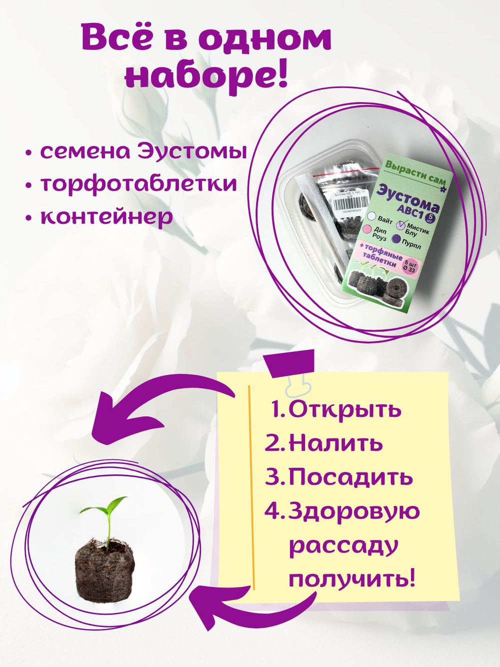 Семена Эустома белая + торфяные таблетки, 5шт, набор для выращивания