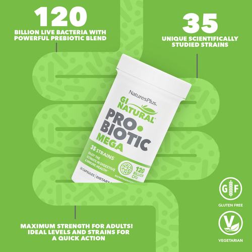 NaturesPlus, GI Natural® Probiotic Mega, пробиотики, 120 млрд КОЕ, 30 капсул