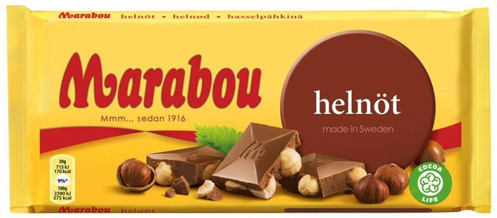 Шоколад Marabou молочный с цельным жареным фундуком 200 г (Швеция)