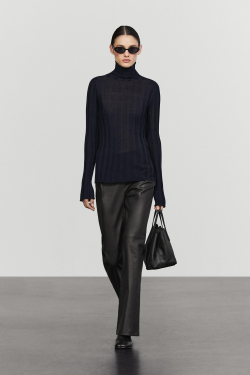 Massimo Dutti Трикотажный свитер в рубчик с воротником-стойкой, темно-синий