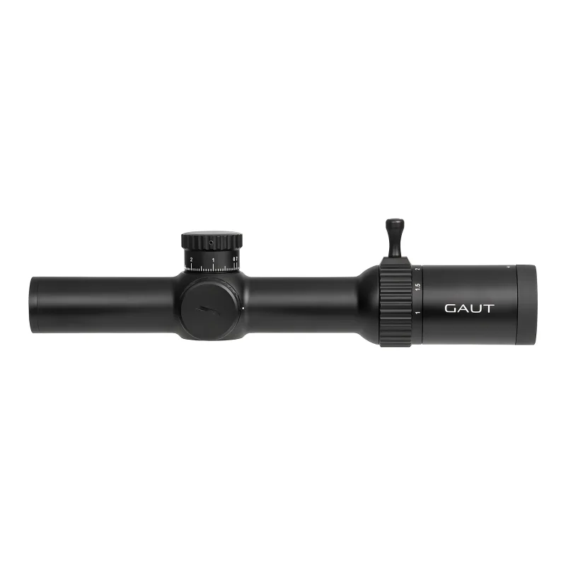 Прицел Gaut Obsidian 1-6x24, сетка 39, 0.1 МIL - вид справа в профиль, логотип Gaut на корпусе