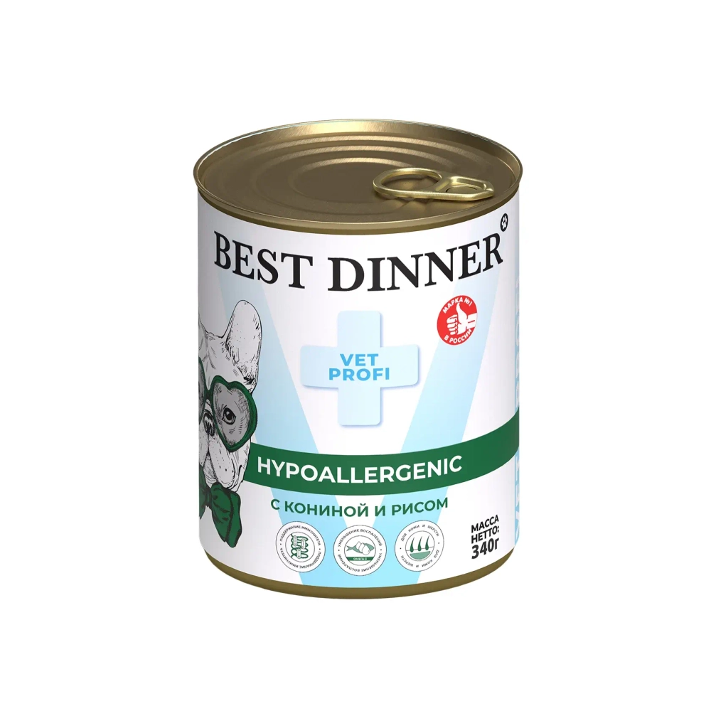 BEST DINNER VET PROFI Hypoallergenic Консервы для собак для профилактики пищевой аллергии , с кониной и рисом, 340 г