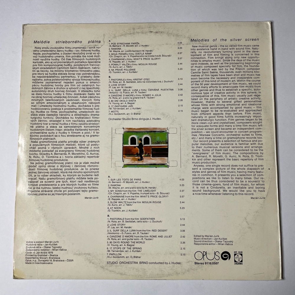 Винтажная виниловая пластинка LP Orchester Studio Brno Melodie Strieborneho Platna Мелодии Серебрянного Экрана (Чехословакия 1977)