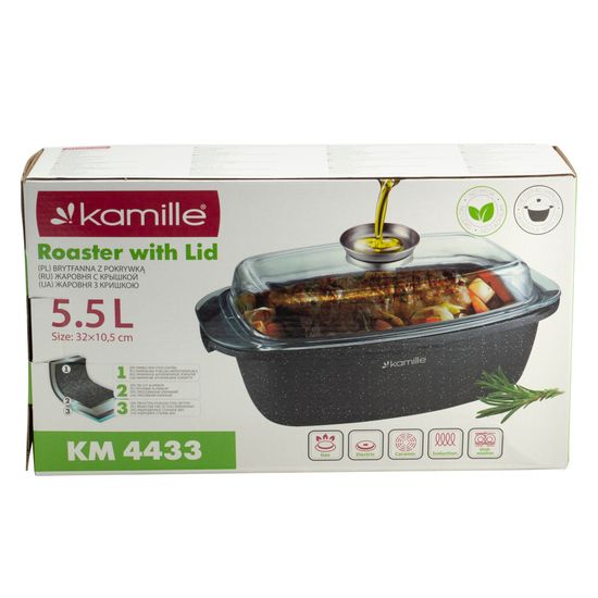 Кастрюля-гусятница 5,5 л. Kamille KM 4433 из литого алюминия с антипригарным покрытием и стеклянной крышкой