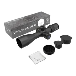 Прицел Vector Optics Veyron 3-12x44 IR, SF, MPR-V10 (MIL) - общий вид с коробкой, крышками и блендой