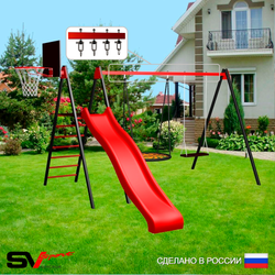 Уличные качели Sv Sport с горкой УК192КВ2 (3.7м/Щит баскет/Гнездо 80см/Деревянные/Подвесы на втулке 2к)