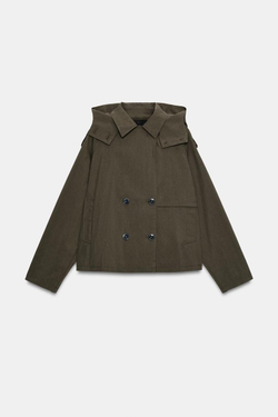 ZARA КОРОТКАЯ КУРТКА-ТРЕНЧ С КАПЮШОНОМ, ХАКИ