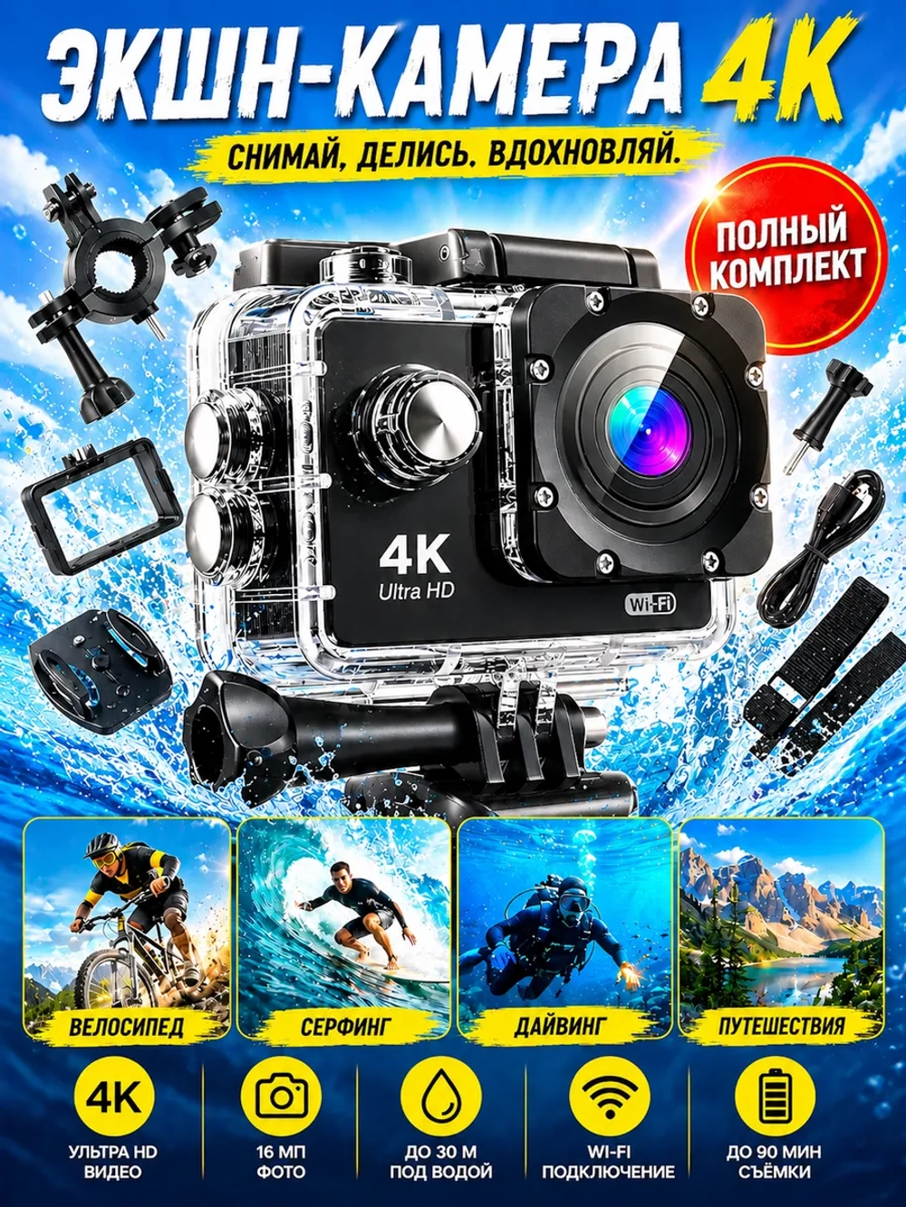 Экшн камера 4к с креплениями цифровая