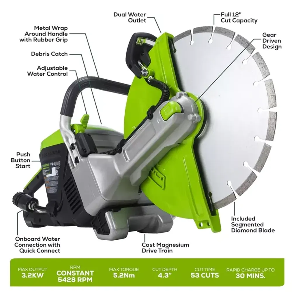Бетонорез аккумуляторный Greenworks Арт.2009007, 82V, 3,2КВт, без АКБ И ЗУ
