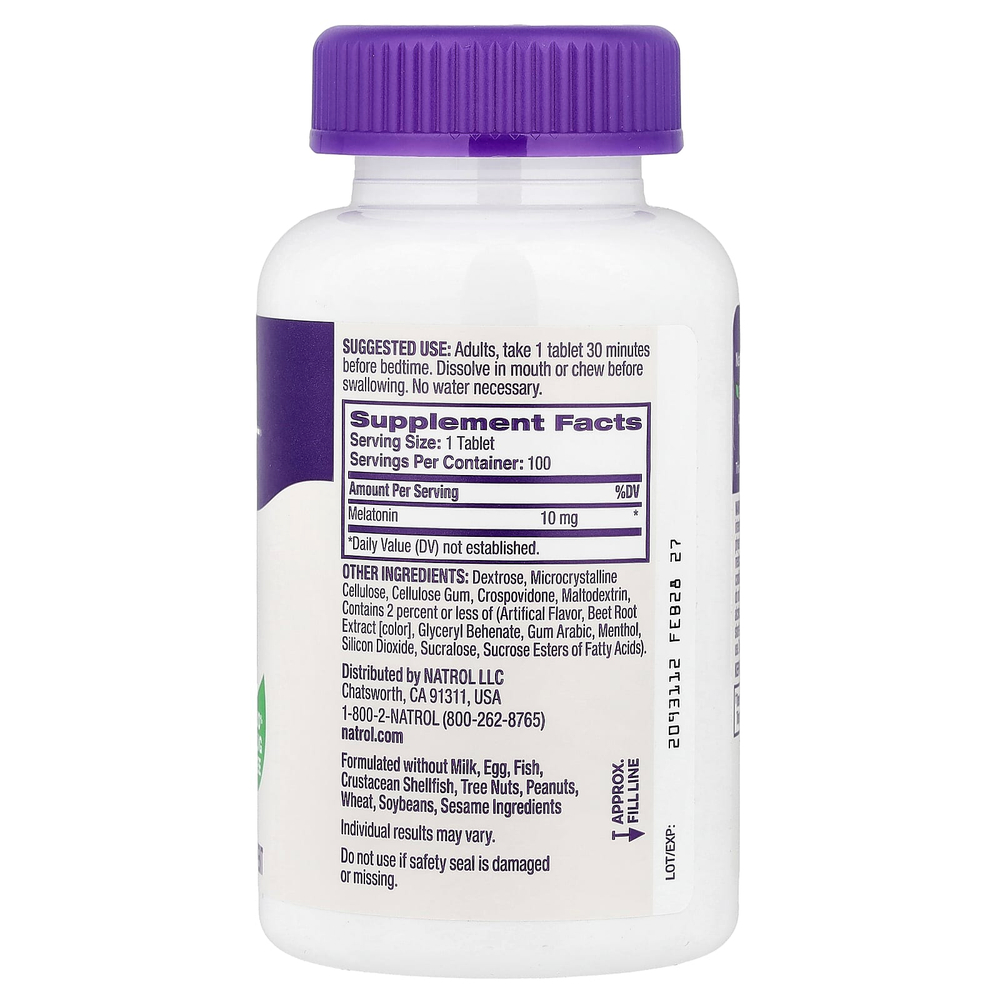Natrol, Мелатонин, быстро растворяющийся, максимальная эффективность, клубника, 10 мг, 100 таблеток