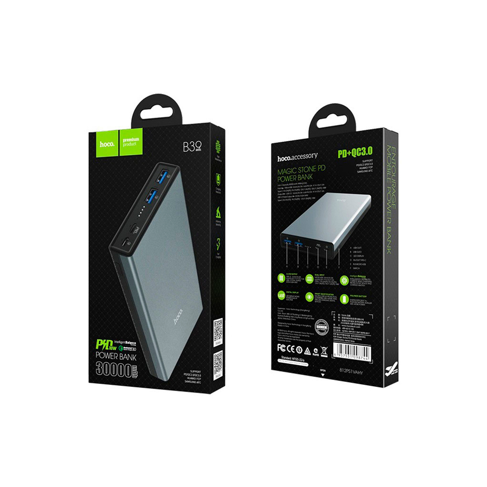 Внешний Аккумулятор (Power Bank) Hoco B39 30000 mAh (5,0V - 3A, 2USB, Type-C) Серый