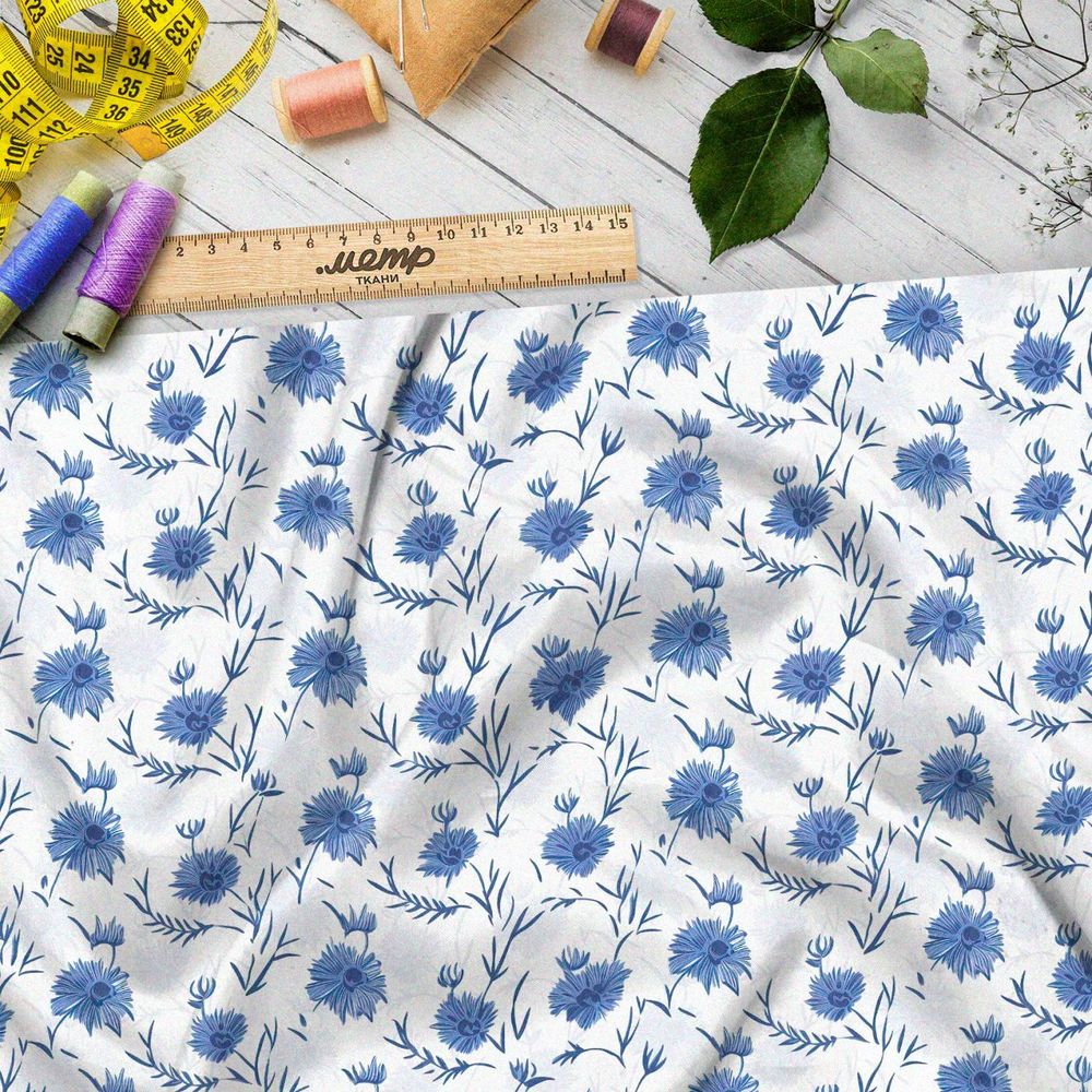 Ткань премиум шифон васильки на белом