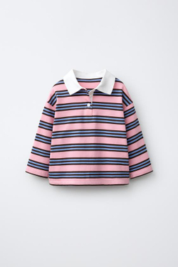 ZARA ПОЛО В ПОЛОСКУ, МЯГКИЙ РОЗОВЫЙ