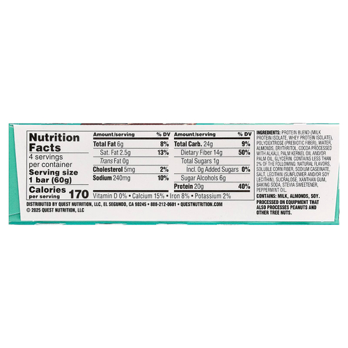 Quest Nutrition, протеиновый батончик, мята и шоколадная крошка, 4 шт. по 60 г (2,12 унции)