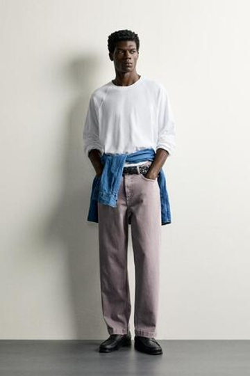 ZARA БРЮКИ STRAIGHT FIT С ЭФФЕКТОМ ПОТЕРТОСТИ, ЛИЛОВЫЙ