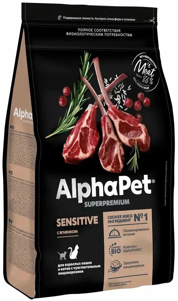 Сухой корм AlphaPet Superpremium Sensetive для кошек с чувствительным пищеварением, с ягненком - 0,4 кг