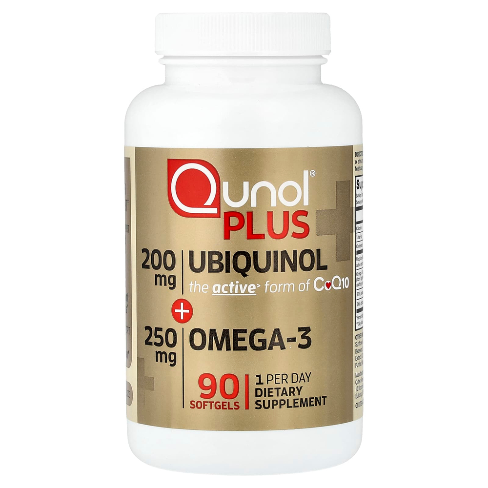 Qunol, Плюс убихинол и омега-3, 200 мг + 250 мг, 90 мягких таблеток