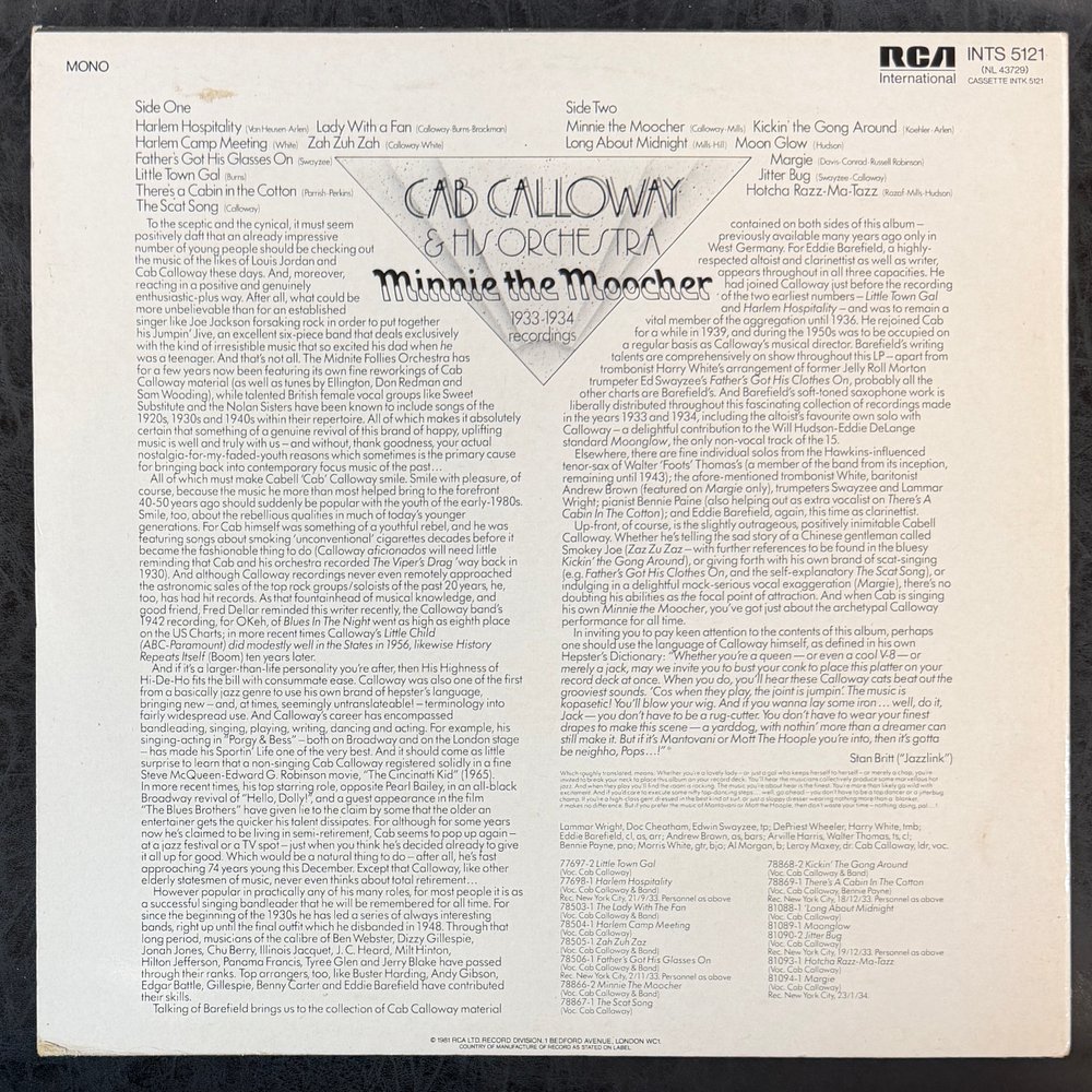 Cab Calloway & His Orchestra – Minnie The Moocher 1933-1934 Recordings (Англия 1981г.)