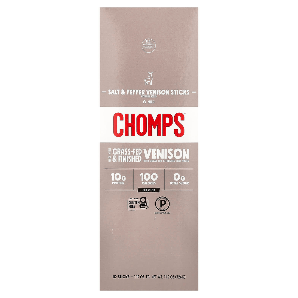 Chomps, Venison Sticks, Mild, Salt & Pepper, 10 Pack, 1.15 oz (32 g)