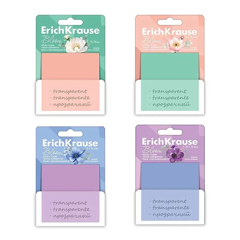 Блок самоклеящийся пластиковый ErichKrause Pastel Bloom, 75х75 мм, 50 листов, ассорти Арт.61580