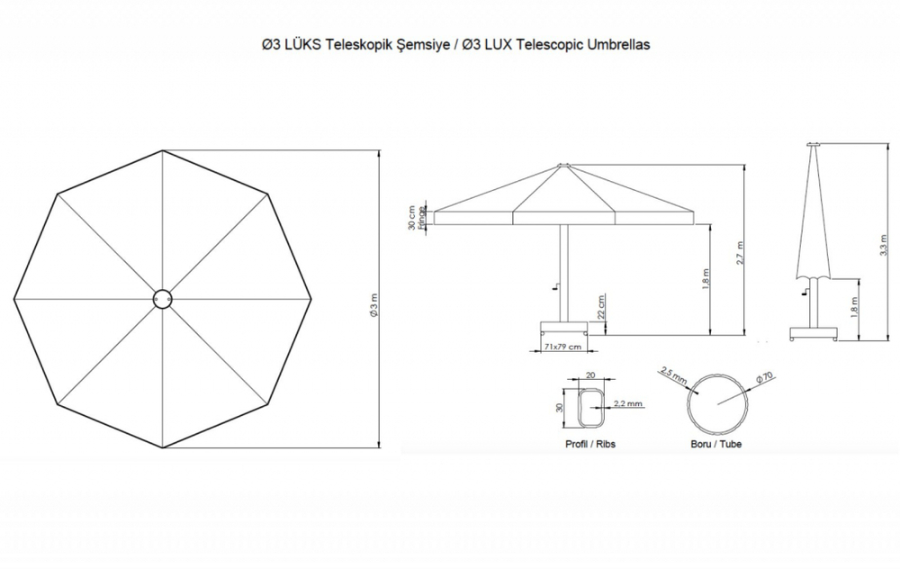 Зонт профессиональный Ø3 м Theumbrela Semsiye Evi Lux Telescopic
