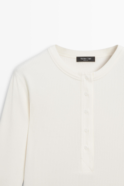 Massimo Dutti Футболка из смесового хлопка с воротником на пуговицах, натуральный/кремовый
