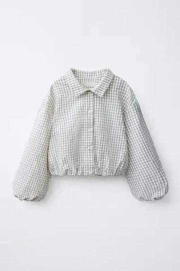 ZARA РУБАШКА В КЛЕТКУ ФАСОНА «БАЛЛОН», ЭКРЮ/ЧЕРНЫЙ
